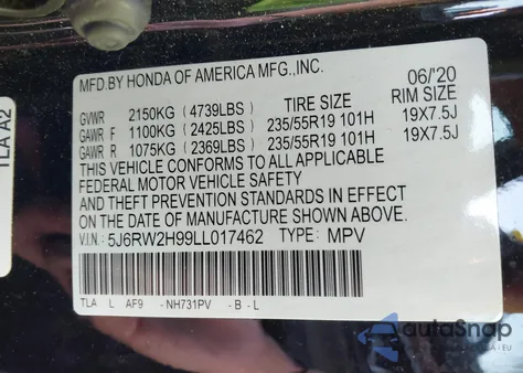 2020 Honda Cr-V Touring from USA, damaged, VIN 5J6RW2H99LL017462